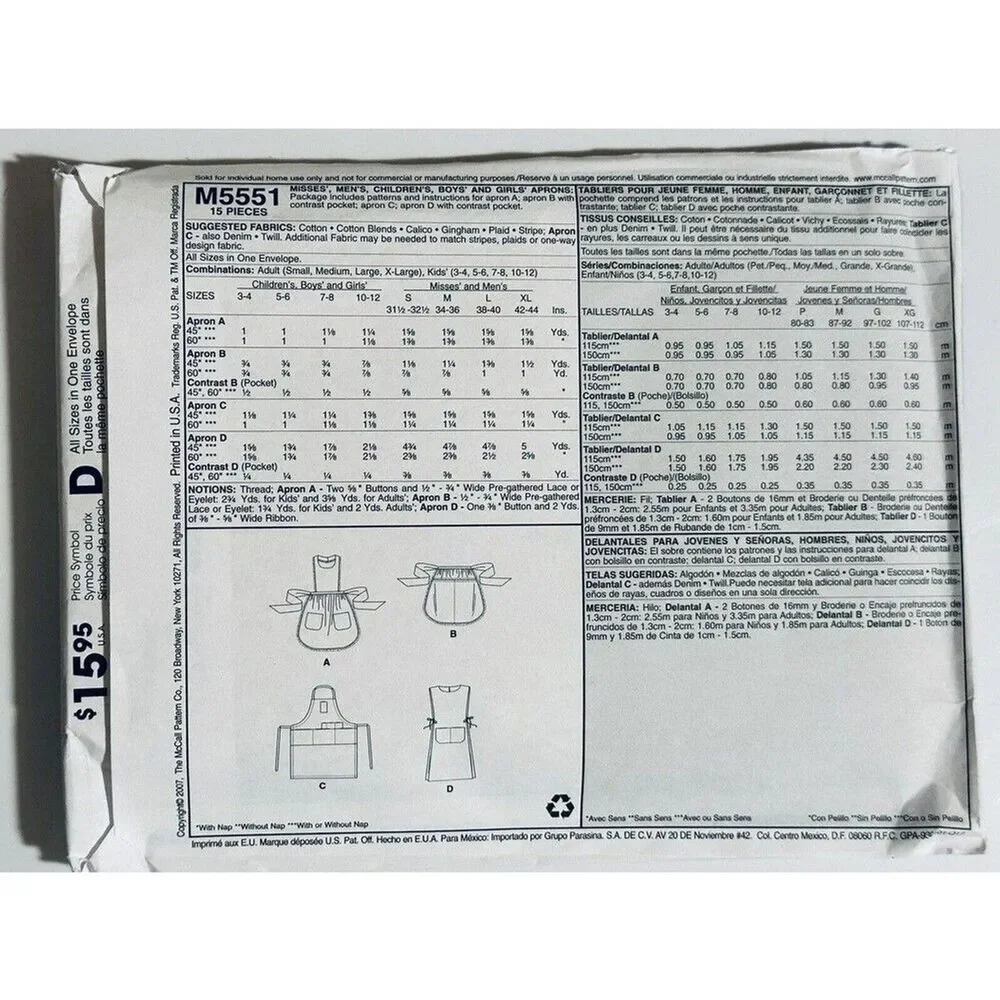 MCCALLS 5551 CHILD & ADULT FULL APRONS HALF APRONS UNISEX ONE SIZE UNCUT